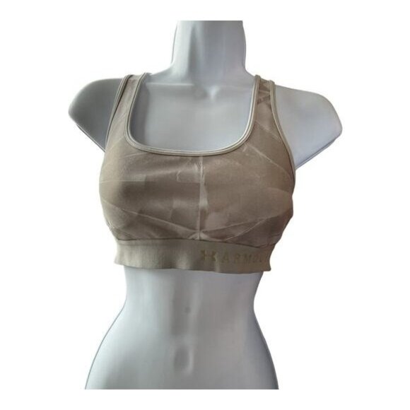 Under Armour Medium Beige Cross Back Sports Bra Moisture Wicking Workout Top - Picture 1 of 5